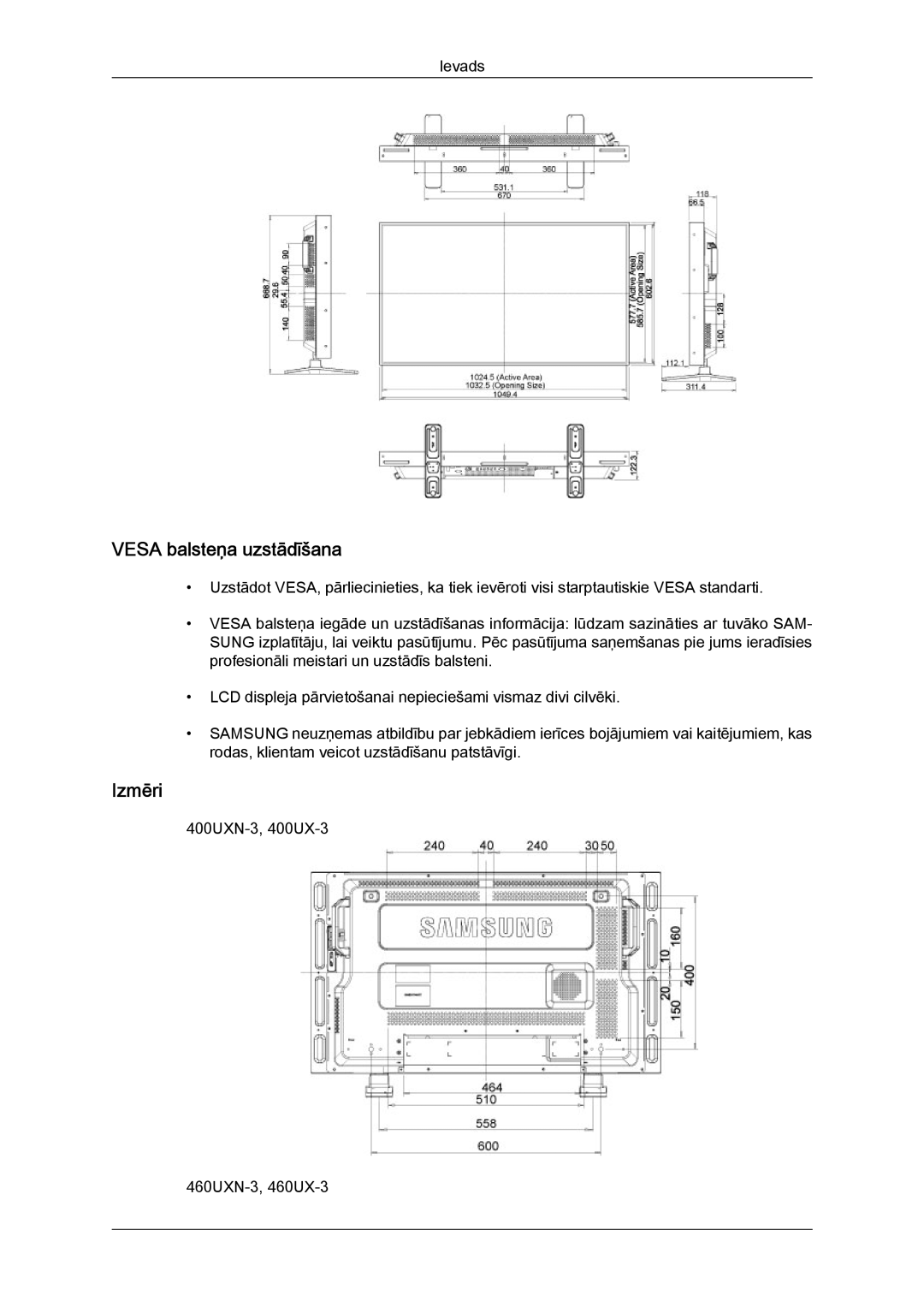 Samsung LH46GWPLBC/EN manual Vesa balsteņa uzstādīšana, Izmēri 