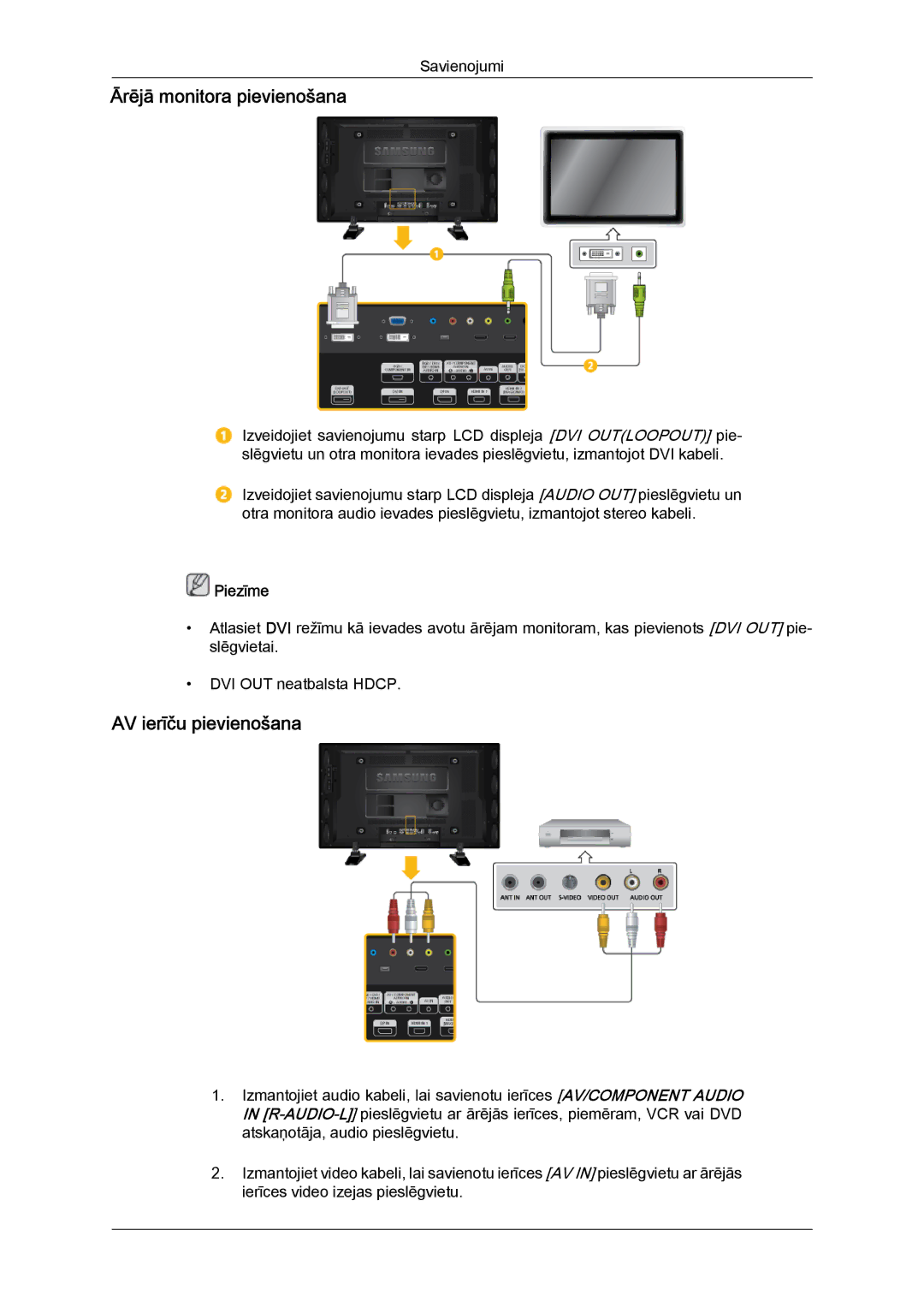 Samsung LH46GWPLBC/EN manual Ārējā monitora pievienošana, AV ierīču pievienošana 