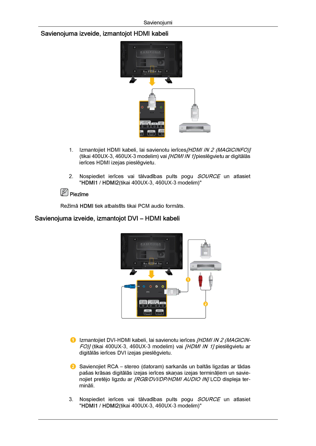 Samsung LH46GWPLBC/EN manual Savienojuma izveide, izmantojot Hdmi kabeli, Savienojuma izveide, izmantojot DVI Hdmi kabeli 