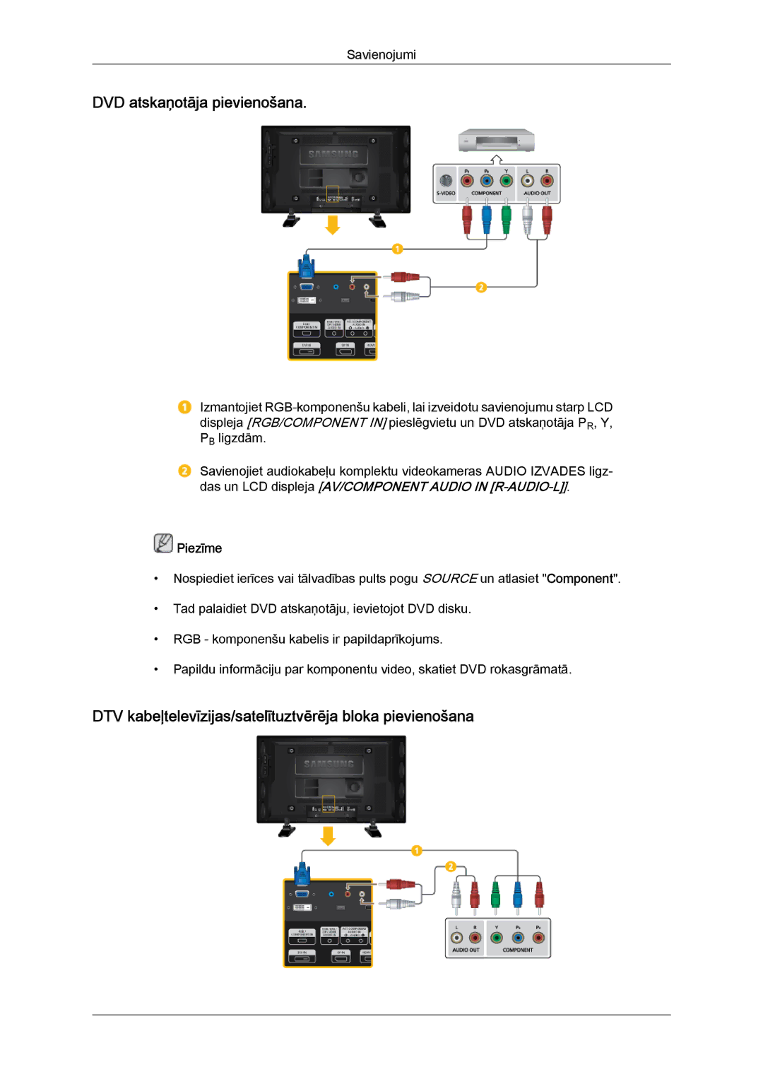 Samsung LH46GWPLBC/EN manual DVD atskaņotāja pievienošana, DTV kabeļtelevīzijas/satelītuztvērēja bloka pievienošana 