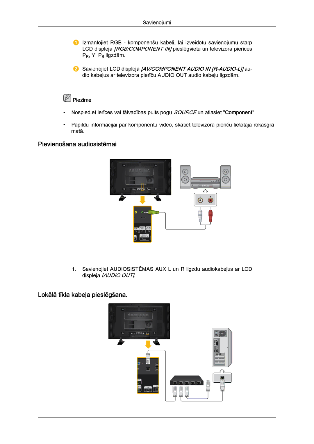 Samsung LH46GWPLBC/EN manual Pievienošana audiosistēmai, Lokālā tīkla kabeļa pieslēgšana 