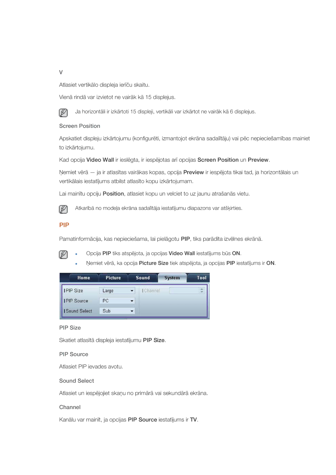 Samsung LH46GWPLBC/EN manual Screen Position, PIP Size, PIP Source, Sound Select 