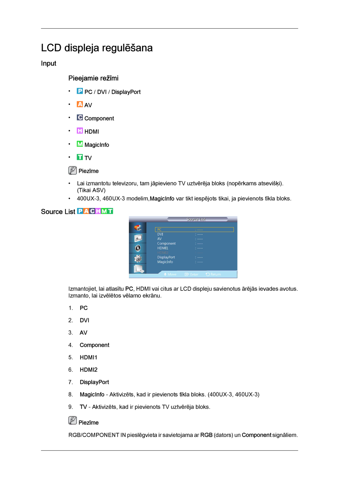 Samsung LH46GWPLBC/EN manual Input Pieejamie režīmi, Source List, PC / DVI / DisplayPort Component, MagicInfo Piezīme 