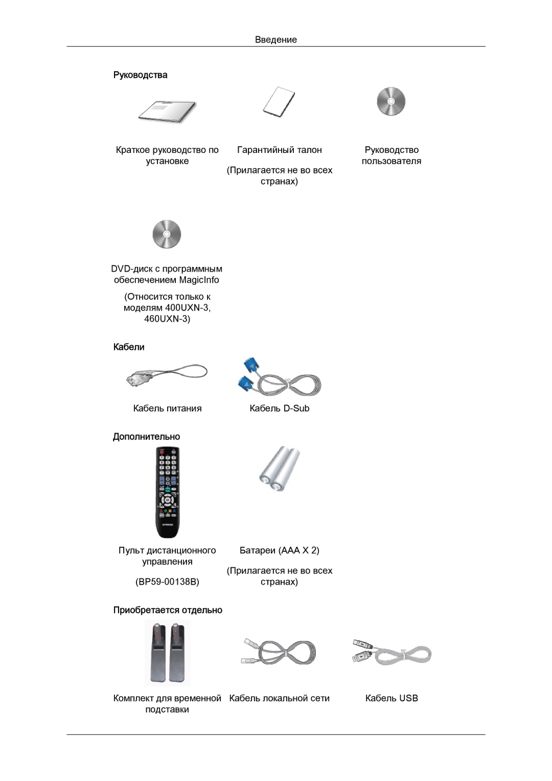 Samsung LH46GWPLBC/EN manual Руководства, Кабели, Дополнительно, Приобретается отдельно 