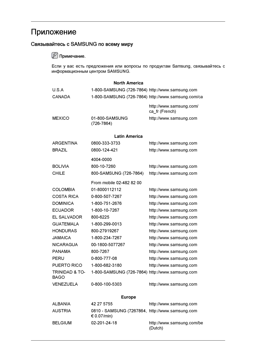 Samsung LH46GWPLBC/EN manual Связывайтесь с Samsung по всему миру, North America, Latin America, Europe 