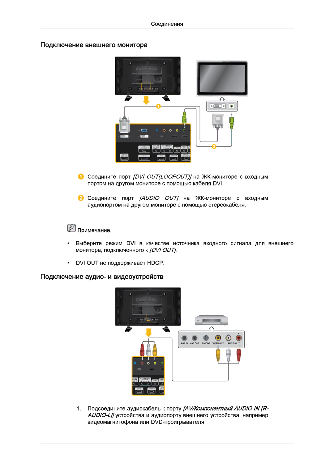 Samsung LH46GWPLBC/EN manual Подключение внешнего монитора, Подключение аудио- и видеоустройств 