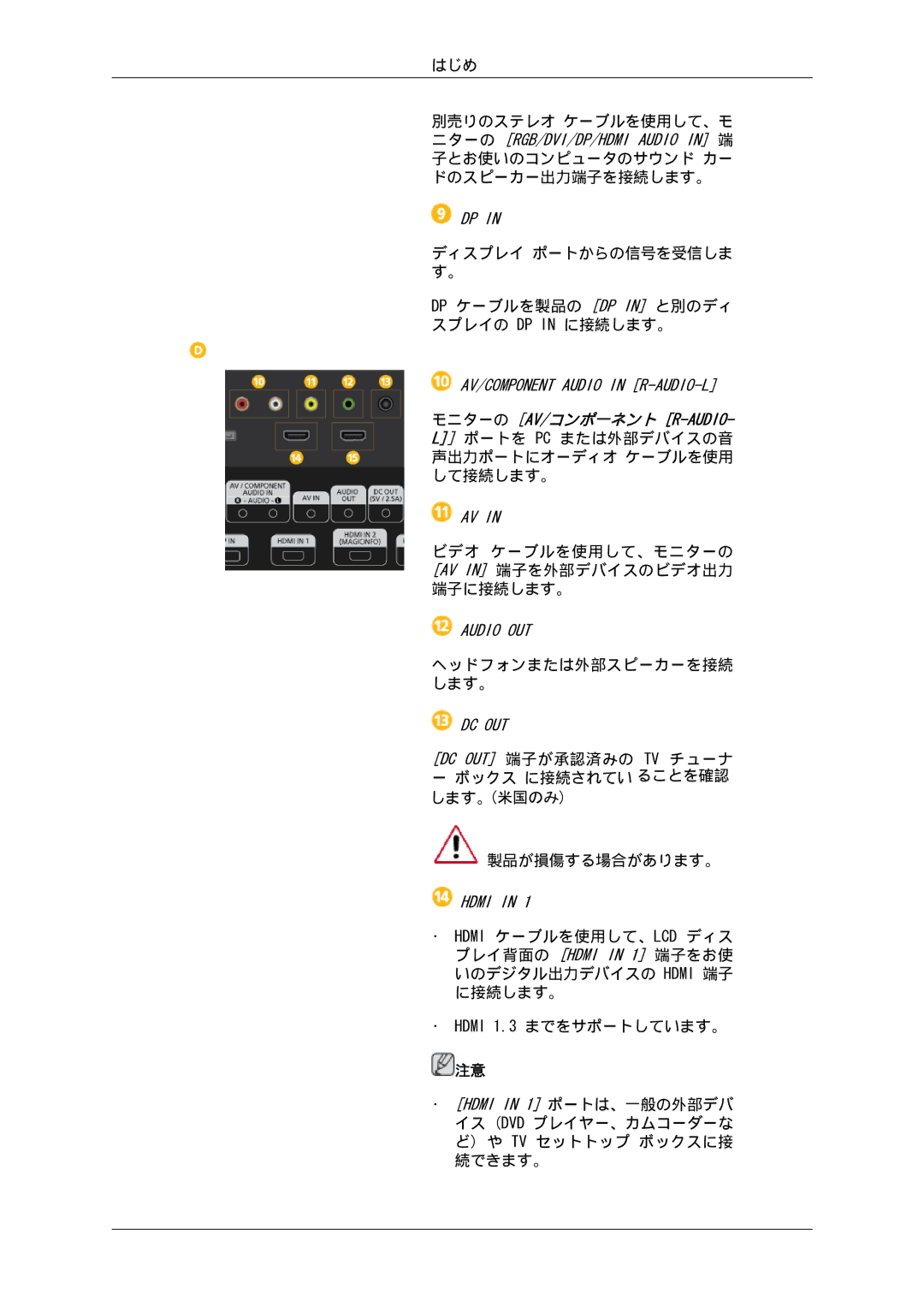 Samsung LH40GWTLBC/XJ, LH46GWPLBC/XJ, LH40GWSLBC/XJ, LH46GWTLBC/XJ manual ビデオ ケーブルを使用して、モニターの AV in 端子を外部デバイスのビデオ出力 端子に接続します。 