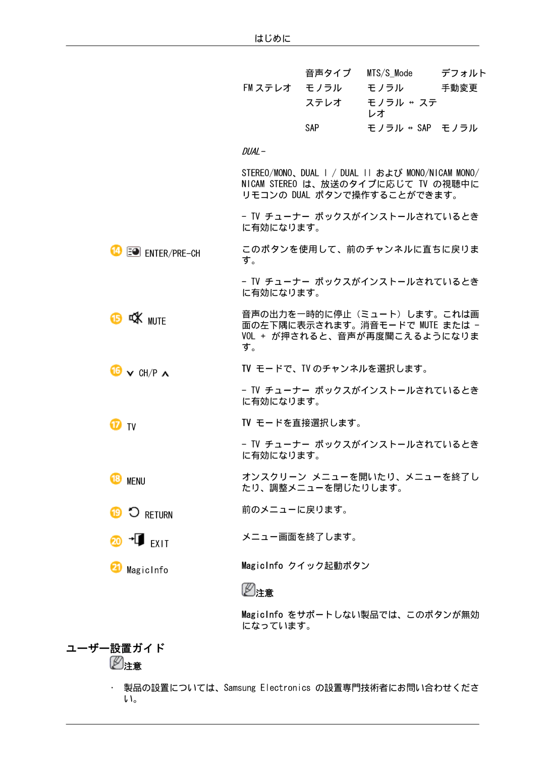 Samsung LH46GWTLBC/XJ, LH46GWPLBC/XJ, LH40GWSLBC/XJ, LH40GWTLBC/XJ, LH46GWSLBC/XJ manual ユーザー設置ガイド, MagicInfo クイック起動ボタン 