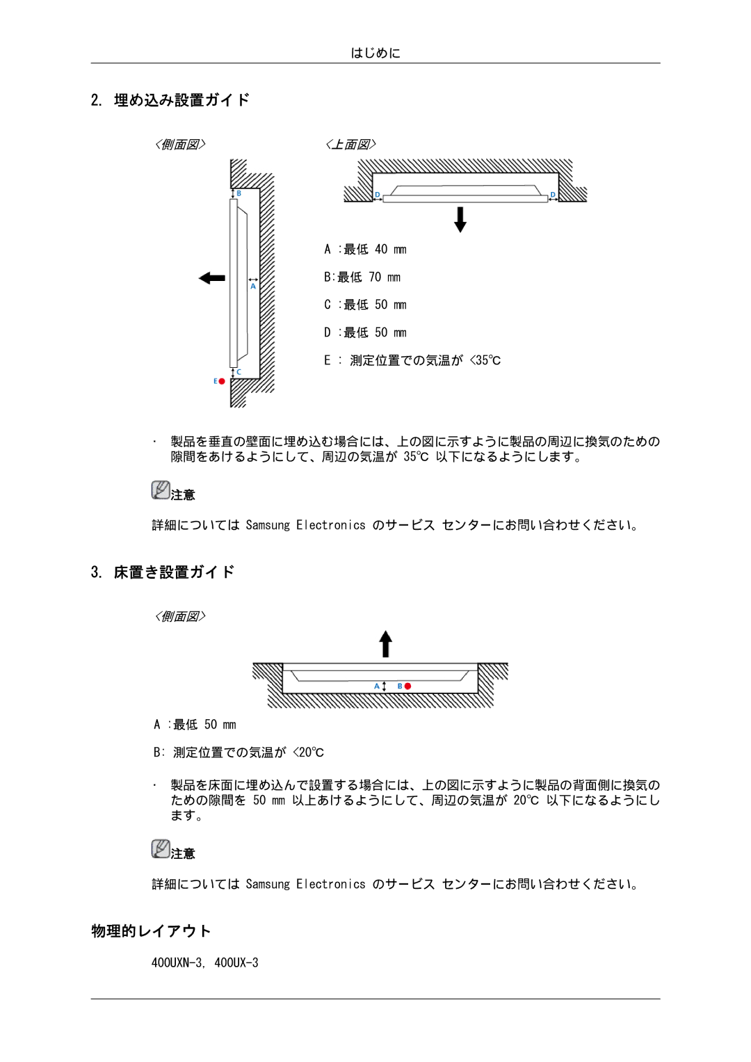 Samsung LH46GWSLBC/XJ, LH46GWPLBC/XJ, LH40GWSLBC/XJ, LH46GWTLBC/XJ, LH40GWTLBC/XJ, LH40GWPLBC/XJ 埋め込み設置ガイド, 床置き設置ガイド, 物理的レイアウト 