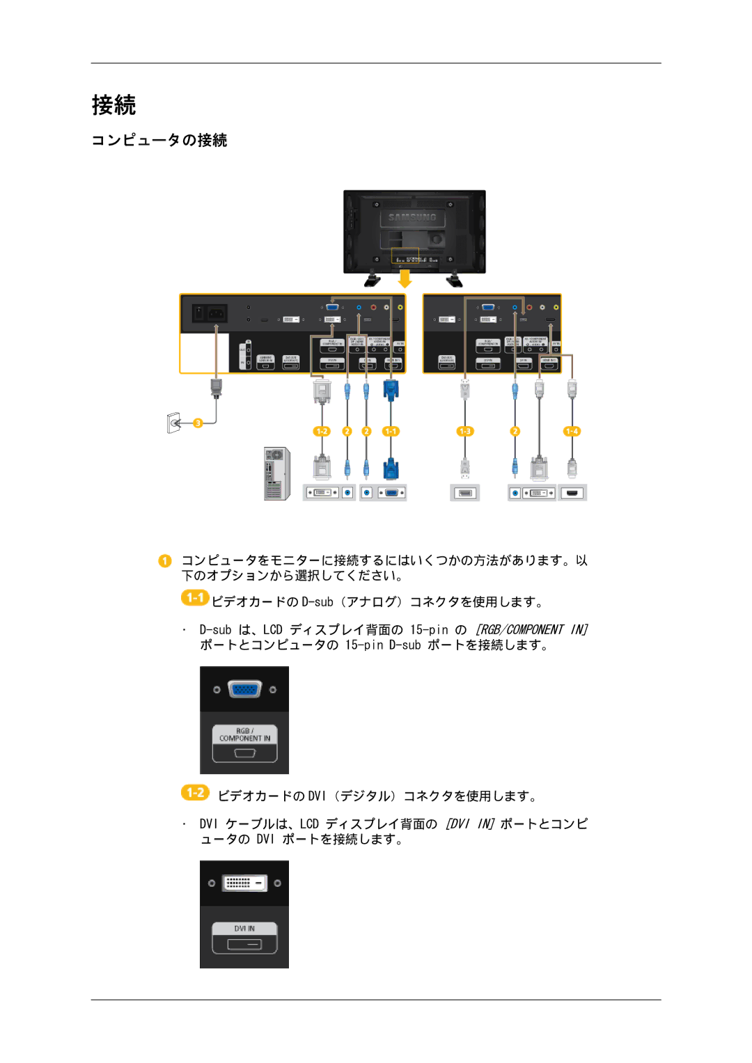 Samsung LH46GWSLBC/XJ, LH46GWPLBC/XJ, LH40GWSLBC/XJ, LH46GWTLBC/XJ, LH40GWTLBC/XJ, LH40GWPLBC/XJ manual コンピュータの接続 