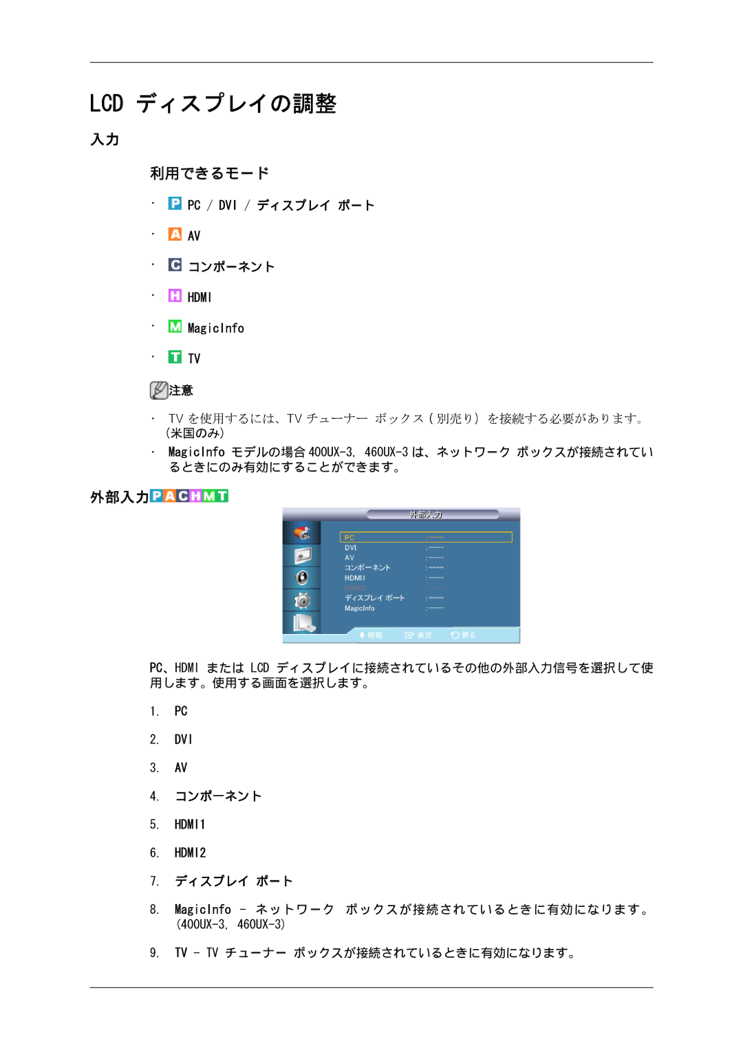 Samsung LH46GWSLBC/XJ, LH46GWPLBC/XJ, LH40GWSLBC/XJ, LH46GWTLBC/XJ, LH40GWTLBC/XJ, LH40GWPLBC/XJ manual Lcd ディスプレイの調整, 外部入力 