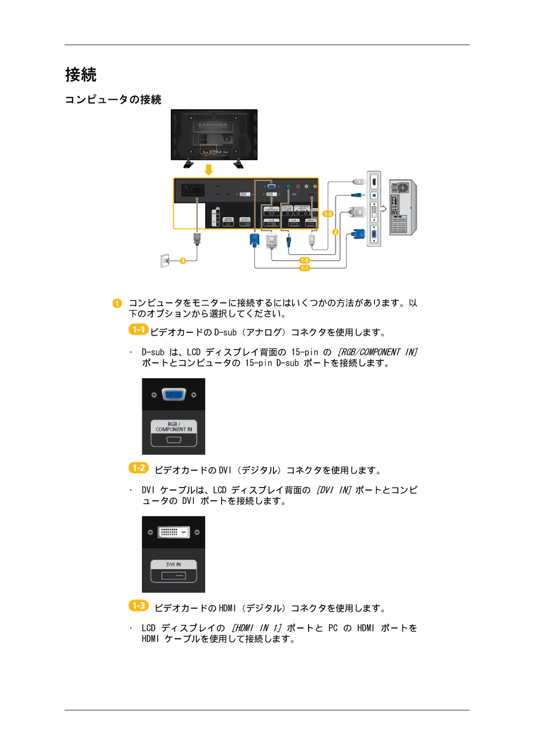 Samsung LH40GWSLBC/XJ, LH46GWPLBC/XJ, LH46GWTLBC/XJ, LH40GWTLBC/XJ, LH46GWSLBC/XJ, LH40GWPLBC/XJ manual コンピュータの接続 