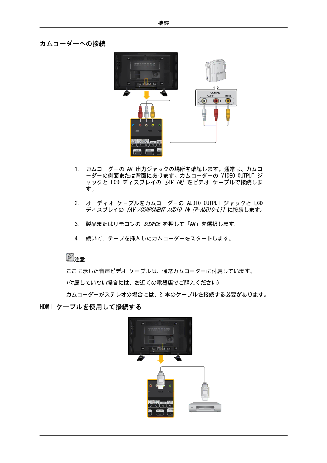 Samsung LH46GWSLBC/XJ, LH46GWPLBC/XJ, LH40GWSLBC/XJ, LH46GWTLBC/XJ, LH40GWTLBC/XJ manual カムコーダーへの接続, Hdmi ケーブルを使用して接続する 