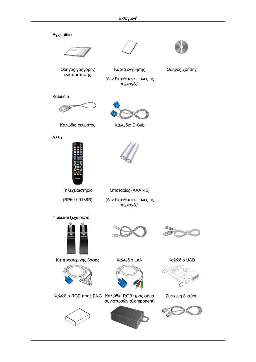 Samsung LH46HBPLBC/EN, LH40HBPLBC/EN, LH40HBPLGC/EN manual Εγχειρίδια, Καλώδια, Άλλα, Πωλείται ξεχωριστά 