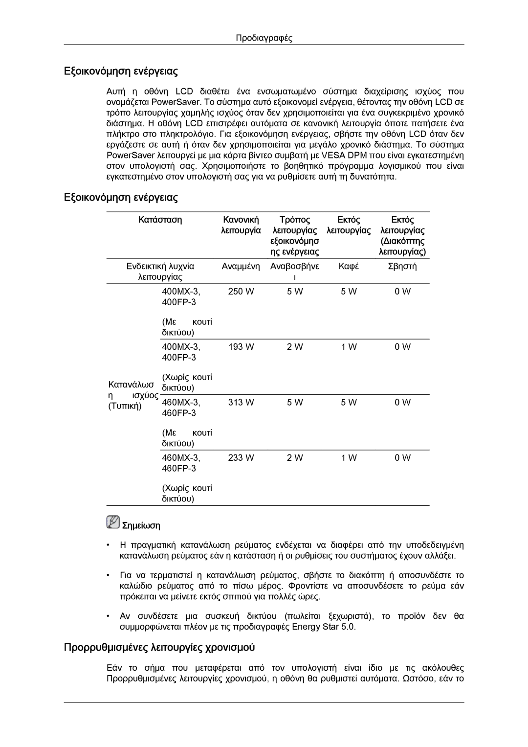 Samsung LH40HBPLGC/EN, LH46HBPLBC/EN, LH40HBPLBC/EN manual Εξοικονόμηση ενέργειας, Προρρυθμισμένες λειτουργίες χρονισμού 