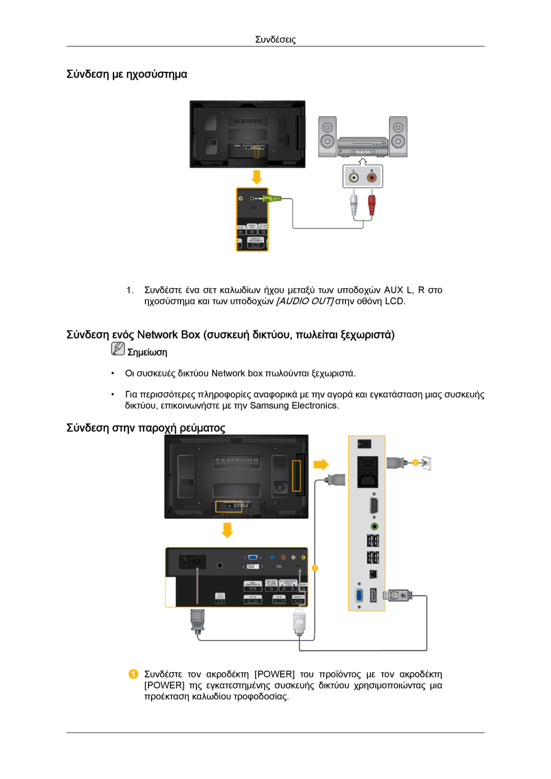 Samsung LH40HBPLGC/EN, LH46HBPLBC/EN, LH40HBPLBC/EN manual Σύνδεση με ηχοσύστημα, Σύνδεση στην παροχή ρεύματος 