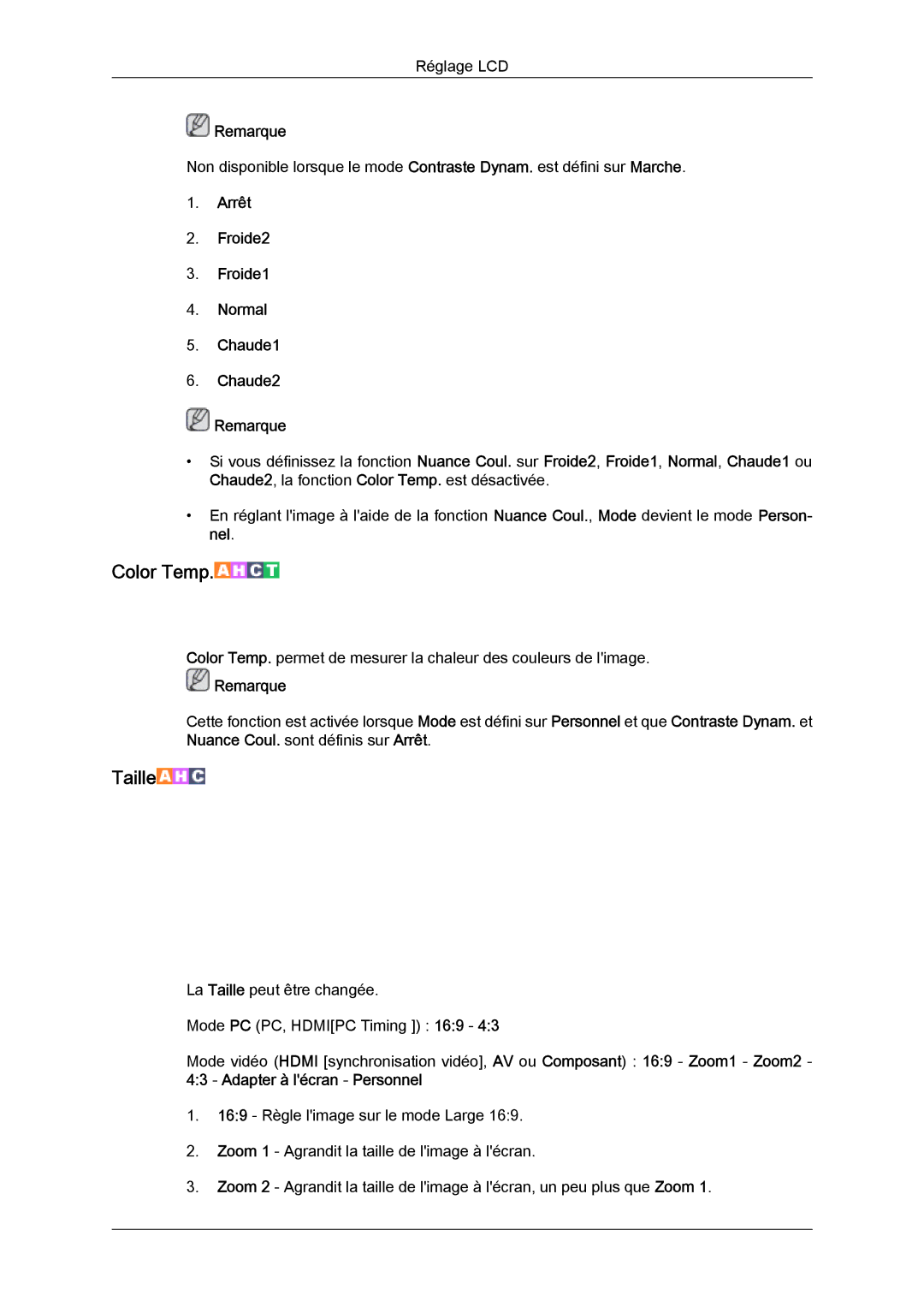 Samsung LH46HBPLBC/EN, LH40HBPLBC/EN manual Color Temp, Arrêt Froide2 Froide1 Normal Chaude1 Chaude2 Remarque 