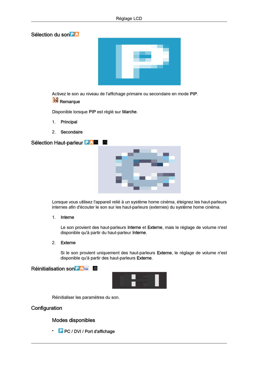 Samsung LH46HBPLBC/EN Sélection du son, Sélection Haut-parleur, Réinitialisation son, Configuration Modes disponibles 