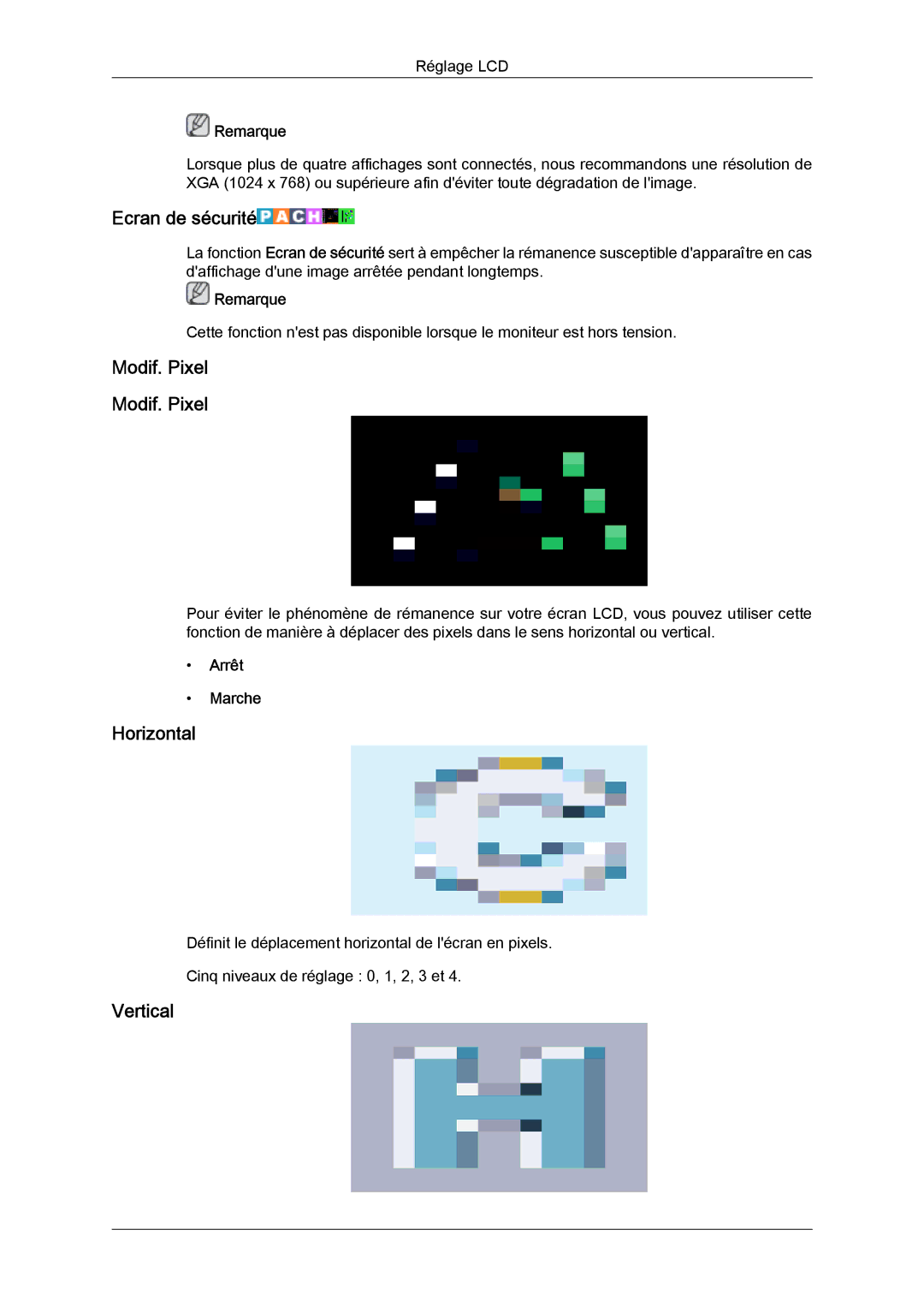 Samsung LH40HBPLBC/EN, LH46HBPLBC/EN manual Ecran de sécurité, Modif. Pixel 