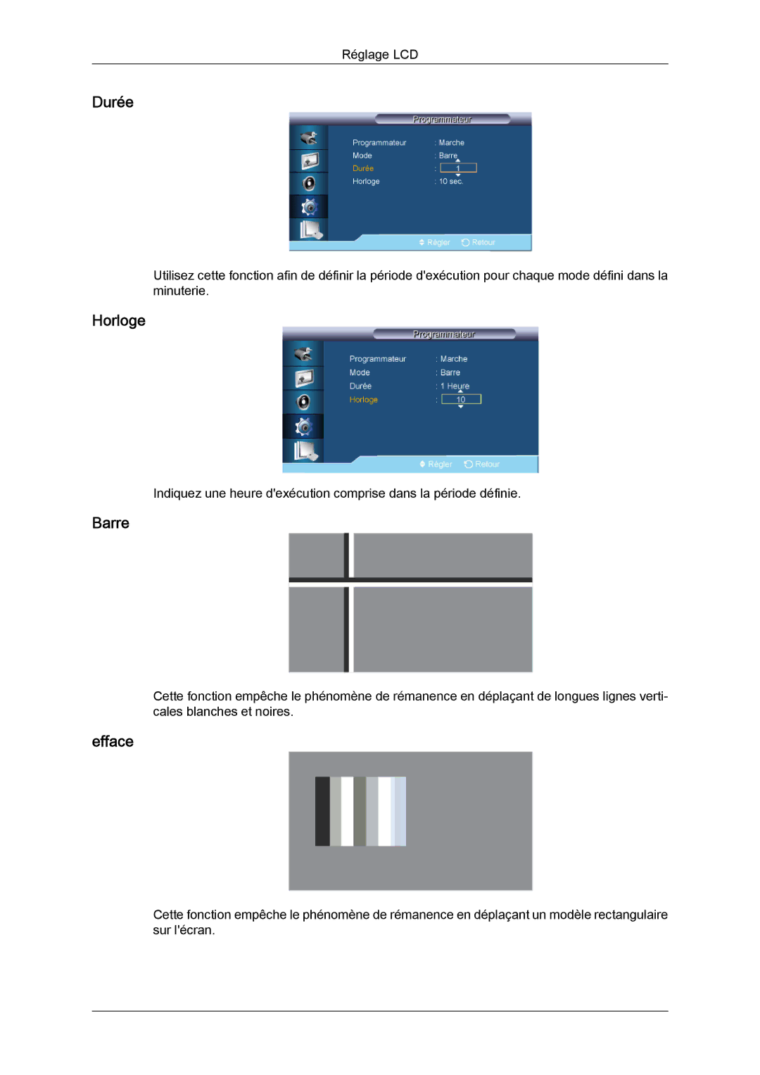 Samsung LH40HBPLBC/EN, LH46HBPLBC/EN manual Durée, Barre, Efface 