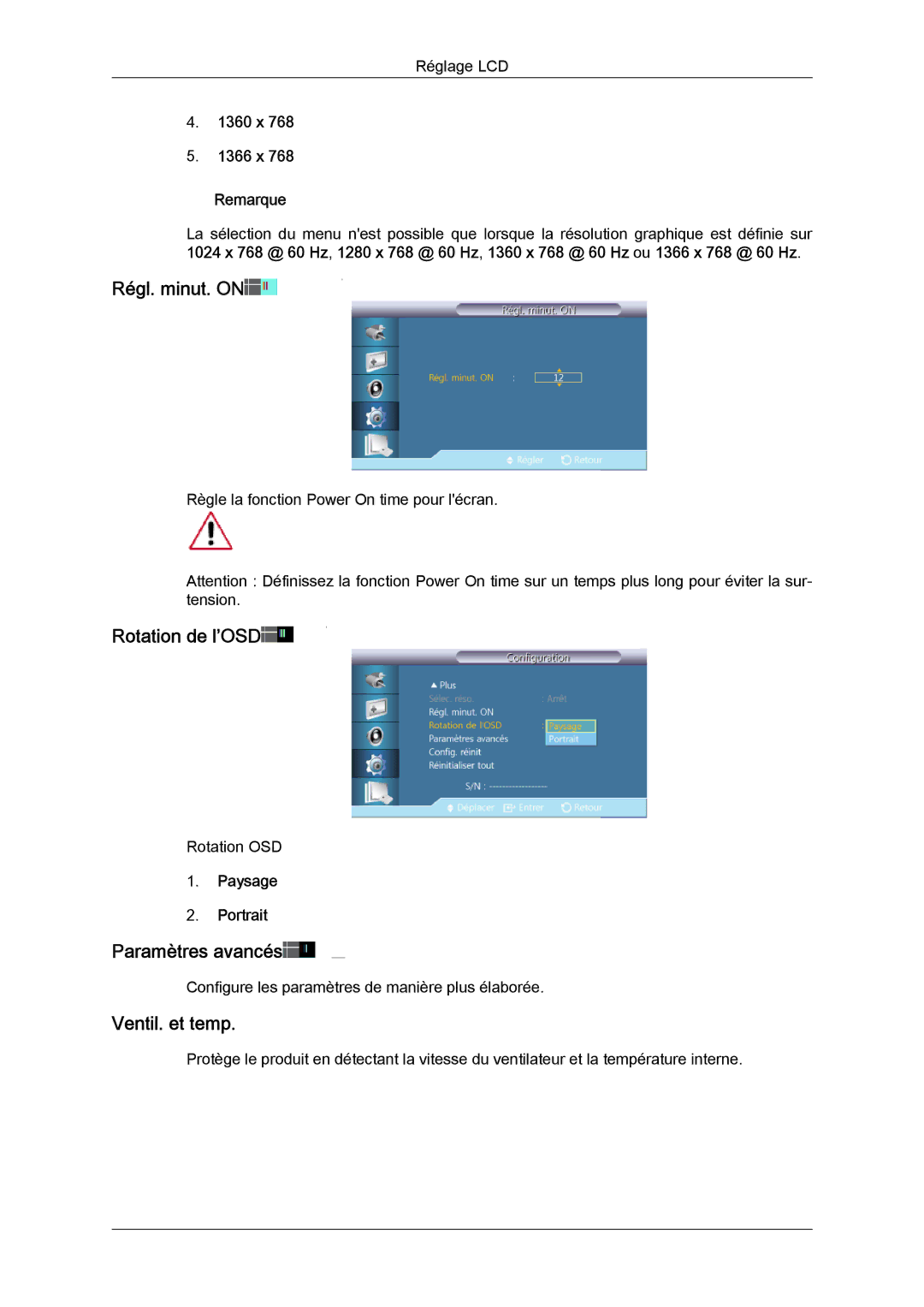 Samsung LH40HBPLBC/EN, LH46HBPLBC/EN manual Régl. minut. on, Rotation de l’OSD, Paramètres avancés, Ventil. et temp 