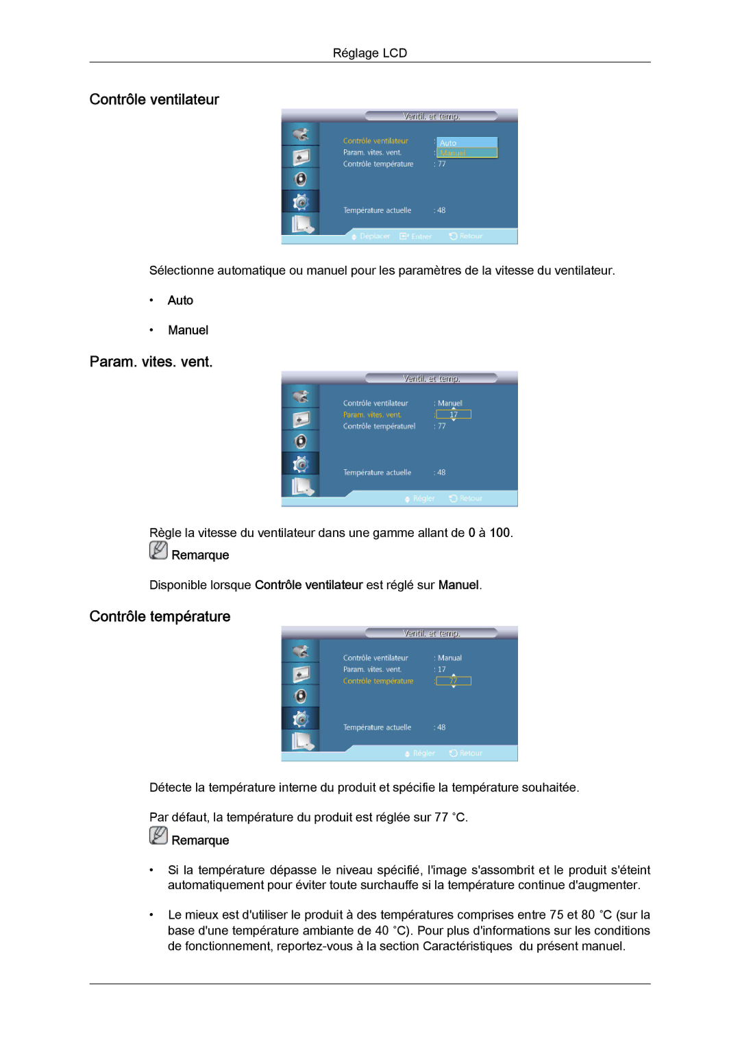 Samsung LH46HBPLBC/EN, LH40HBPLBC/EN manual Contrôle ventilateur, Param. vites. vent, Contrôle température, Auto Manuel 