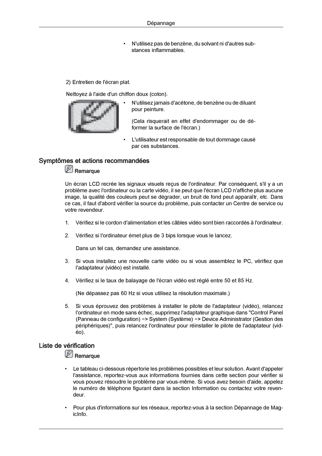 Samsung LH46HBPLBC/EN, LH40HBPLBC/EN manual Symptômes et actions recommandées, Liste de vérification 