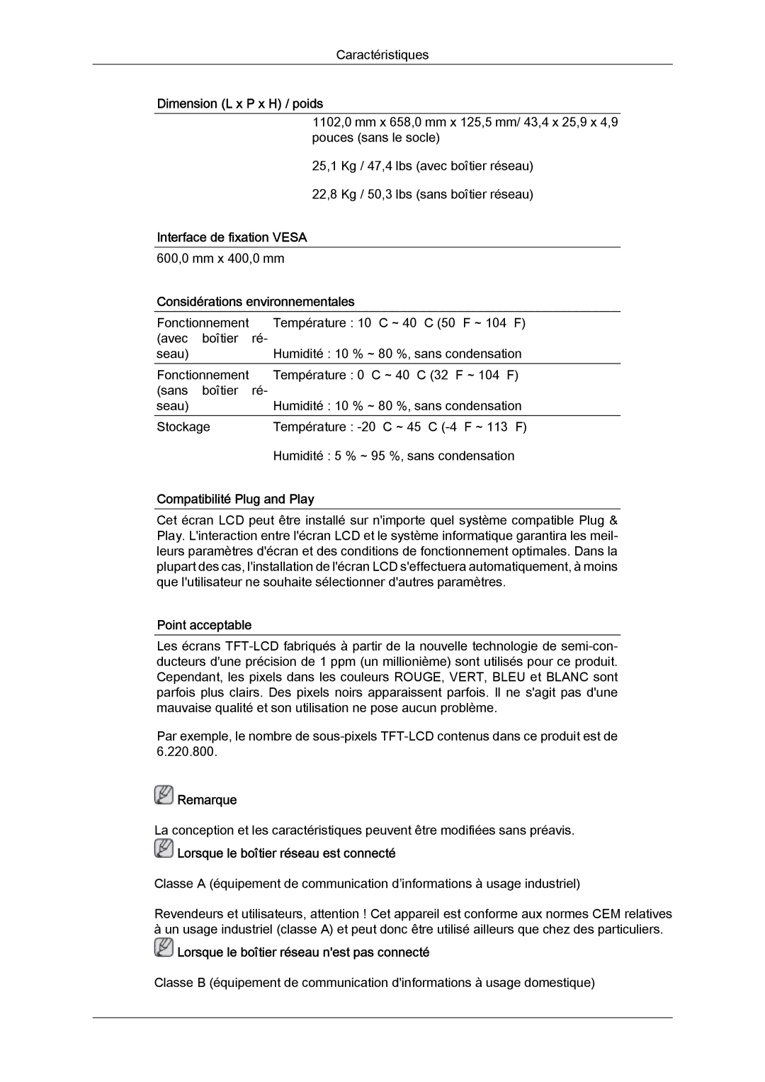 Samsung LH46HBPLBC/EN manual Interface de fixation Vesa, Considérations environnementales, Compatibilité Plug and Play 