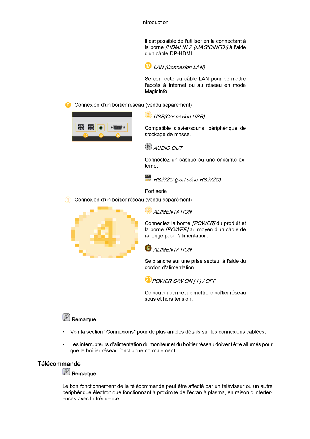 Samsung LH46HBPLBC/EN, LH40HBPLBC/EN manual Télécommande, LAN Connexion LAN 