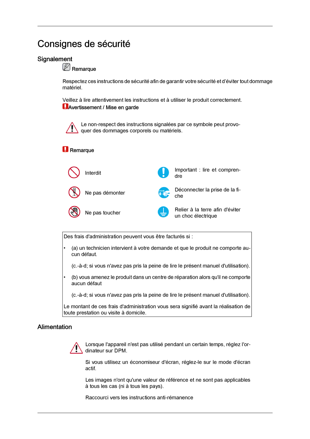 Samsung LH46HBPLBC/EN, LH40HBPLBC/EN manual Signalement, Alimentation, Remarque, Avertissement / Mise en garde 