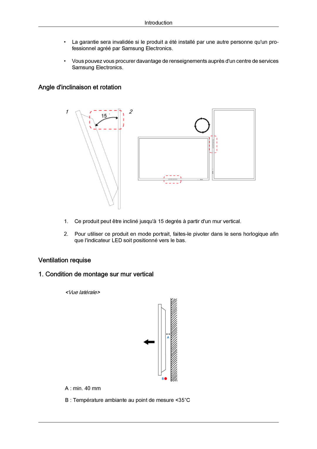 Samsung LH46HBPLBC/EN manual Angle dinclinaison et rotation, Ventilation requise Condition de montage sur mur vertical 