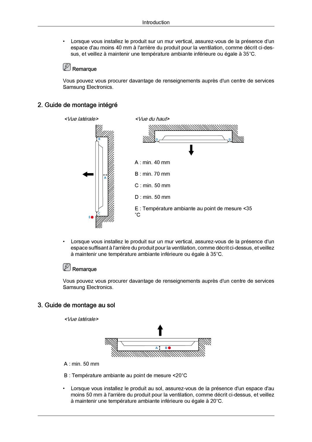 Samsung LH40HBPLBC/EN, LH46HBPLBC/EN manual Guide de montage intégré, Guide de montage au sol 