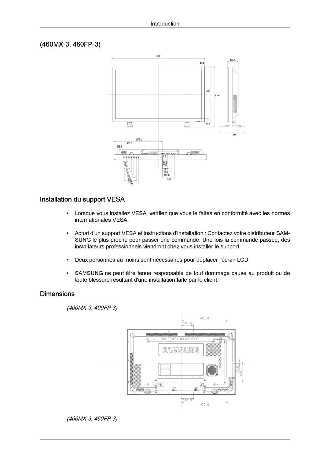 Samsung LH40HBPLBC/EN, LH46HBPLBC/EN manual 460MX-3, 460FP-3 Installation du support Vesa, Dimensions 