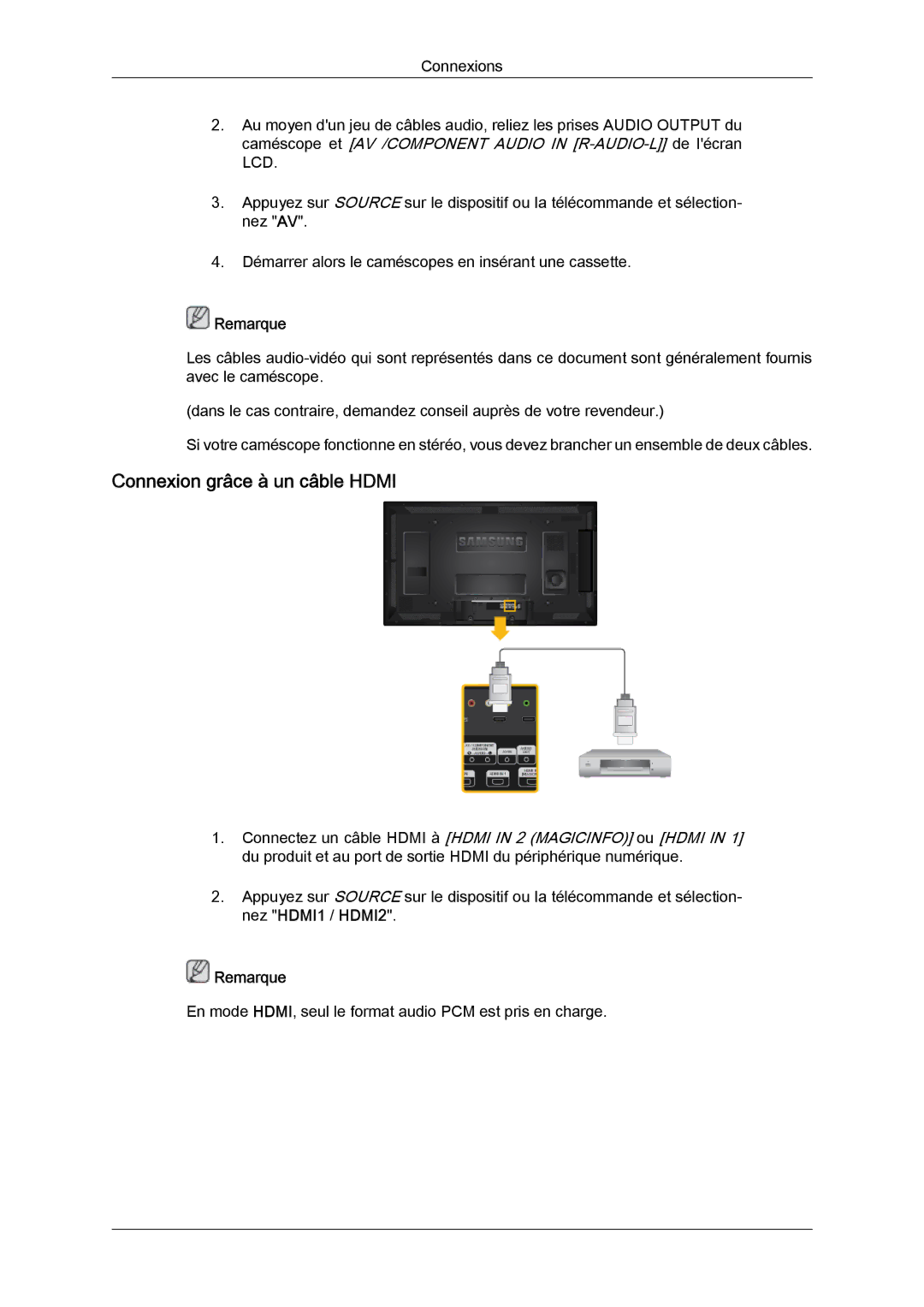 Samsung LH46HBPLBC/EN, LH40HBPLBC/EN manual Connexion grâce à un câble Hdmi 