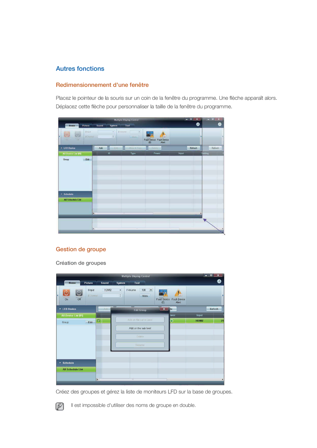 Samsung LH46HBPLBC/EN manual Autres fonctions, Redimensionnement dune fenêtre, Gestion de groupe, Création de groupes 