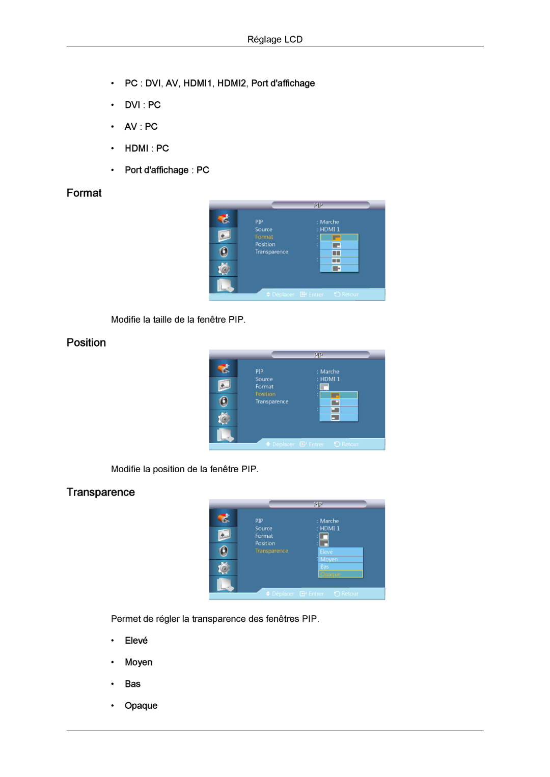 Samsung LH46HBPLBC/EN, LH40HBPLBC/EN manual Format, Position, Transparence 