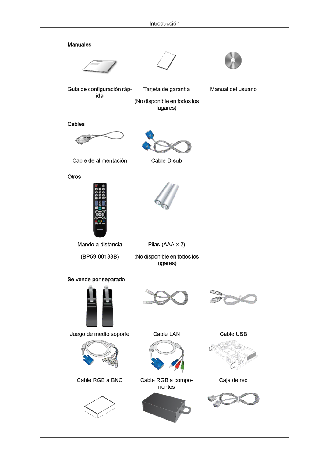 Samsung LH40HBPLBC/EN, LH46HBPLBC/EN manual Manuales, Cables, Otros, Se vende por separado 