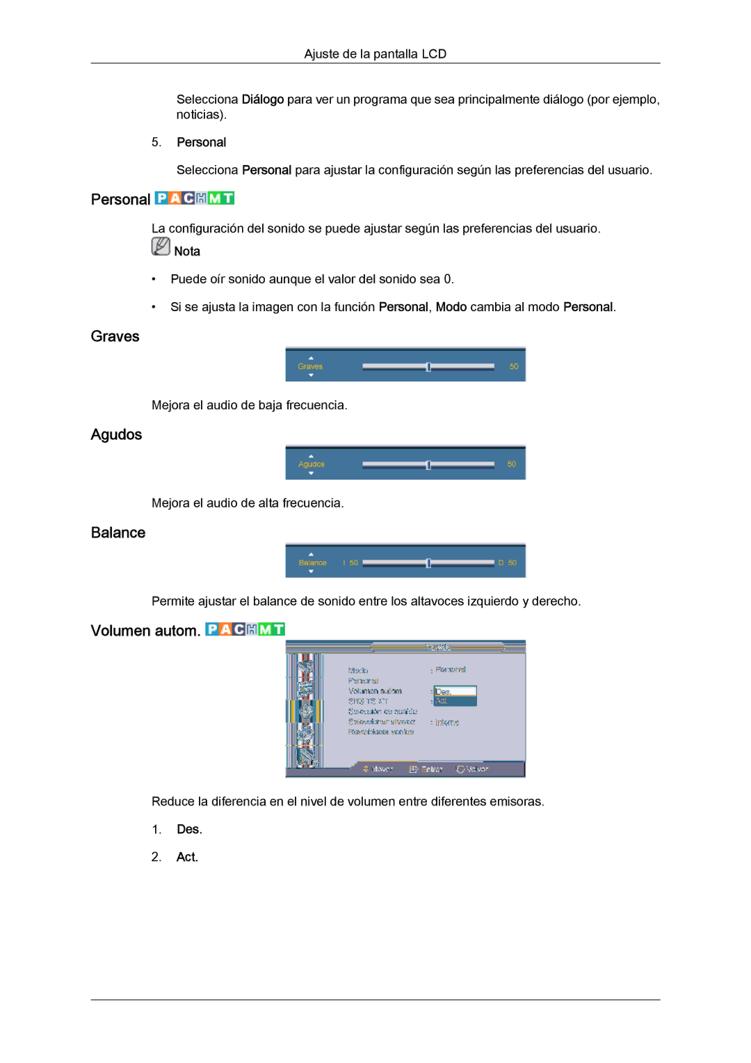 Samsung LH46HBPLBC/EN, LH40HBPLBC/EN manual Graves, Agudos, Balance, Volumen autom 