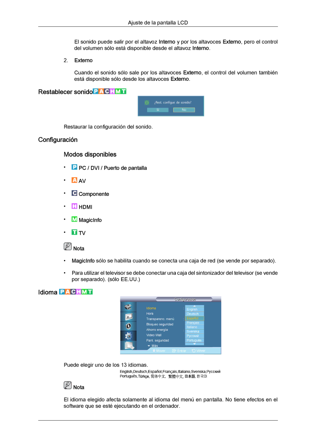 Samsung LH46HBPLBC/EN, LH40HBPLBC/EN manual Restablecer sonido, Configuración Modos disponibles, Idioma, Externo 
