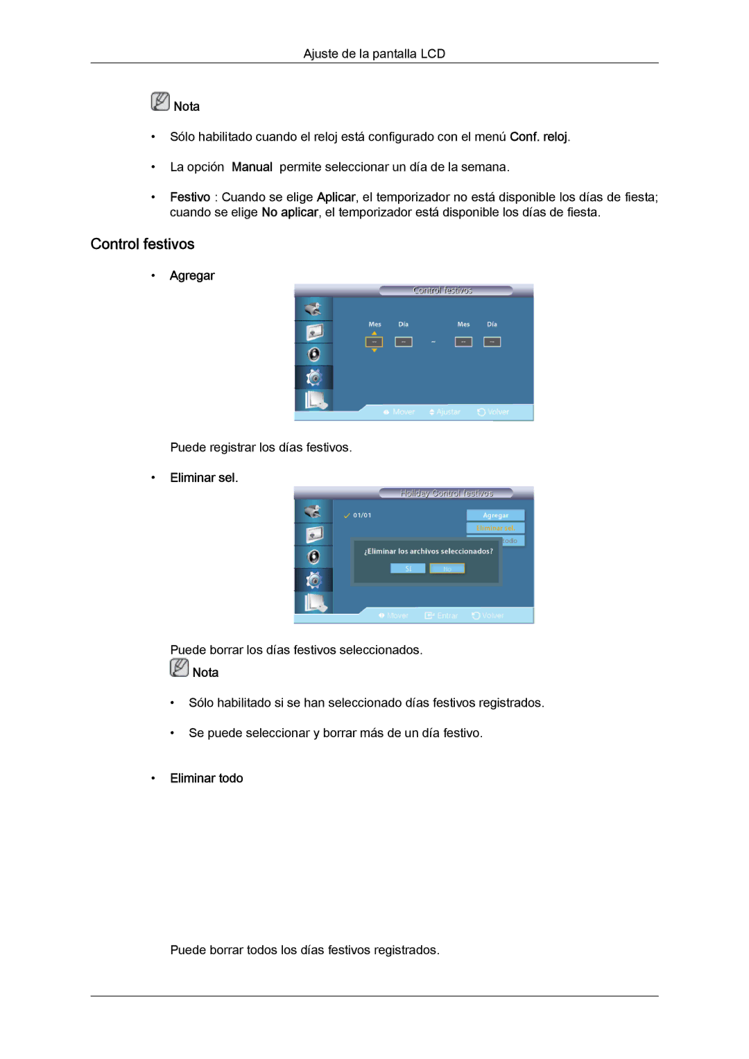 Samsung LH46HBPLBC/EN, LH40HBPLBC/EN manual Control festivos, Agregar, Eliminar sel, Eliminar todo 