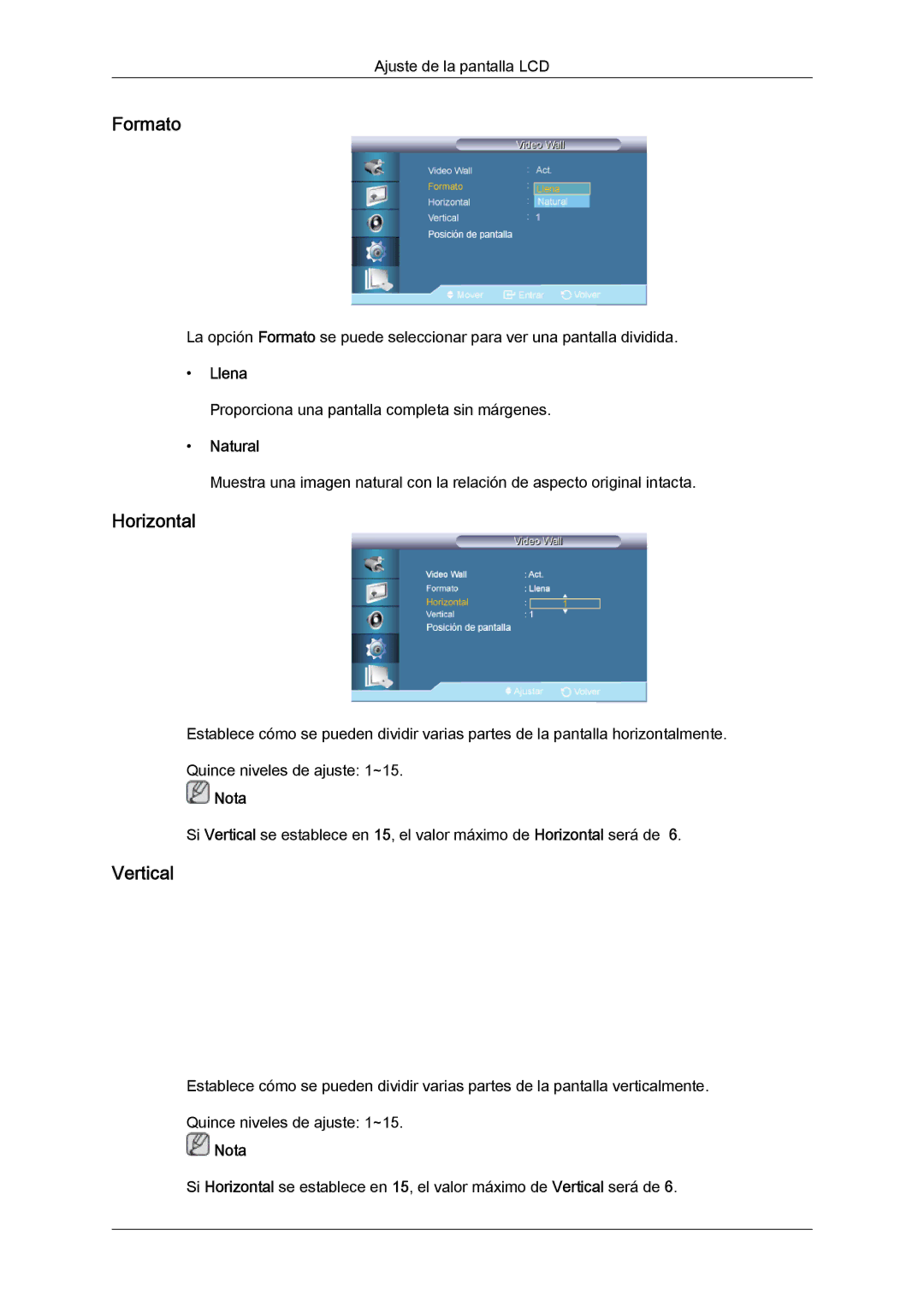 Samsung LH40HBPLBC/EN, LH46HBPLBC/EN manual Formato, Horizontal, Vertical, Llena 