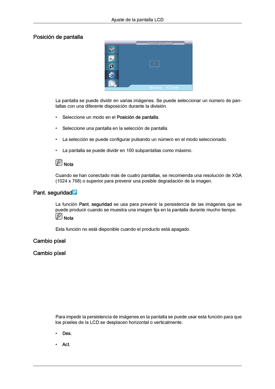 Samsung LH46HBPLBC/EN, LH40HBPLBC/EN manual Posición de pantalla, Pant. seguridad, Cambio píxel 