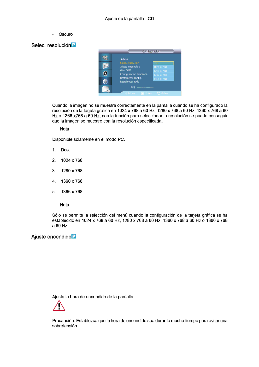 Samsung LH46HBPLBC/EN, LH40HBPLBC/EN Selec. resolución, Ajuste encendido, Oscuro, Des 1024 x 1280 x 1360 x 1366 x Nota 