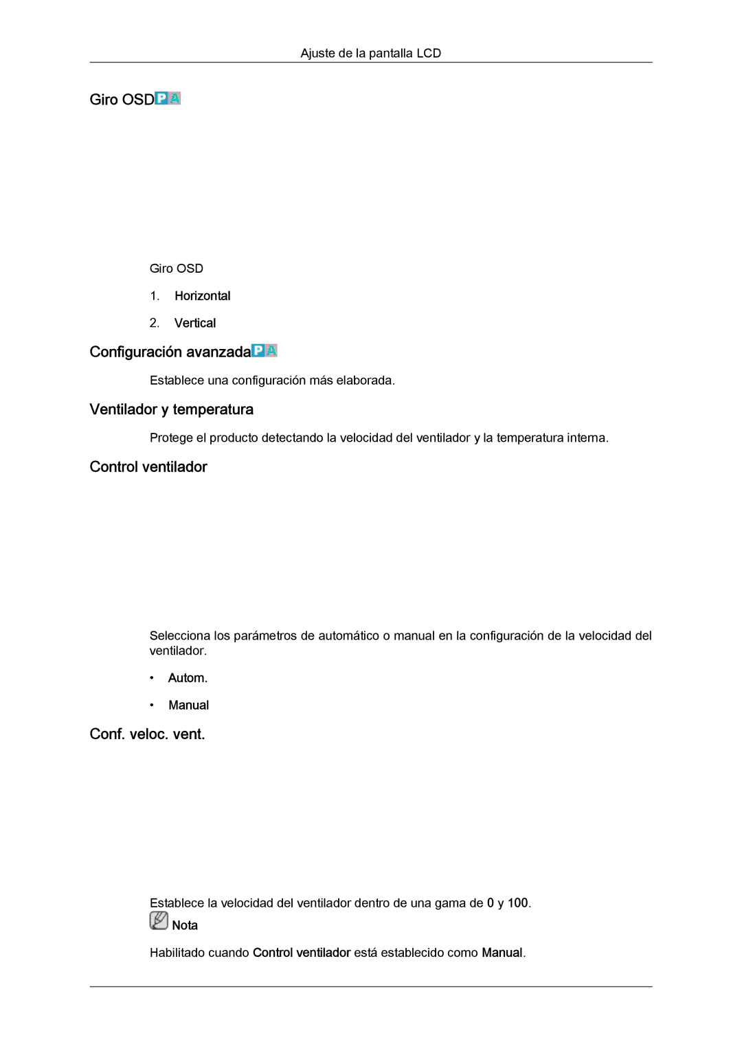 Samsung LH40HBPLBC/EN Giro OSD, Configuración avanzada, Ventilador y temperatura, Control ventilador, Conf. veloc. vent 