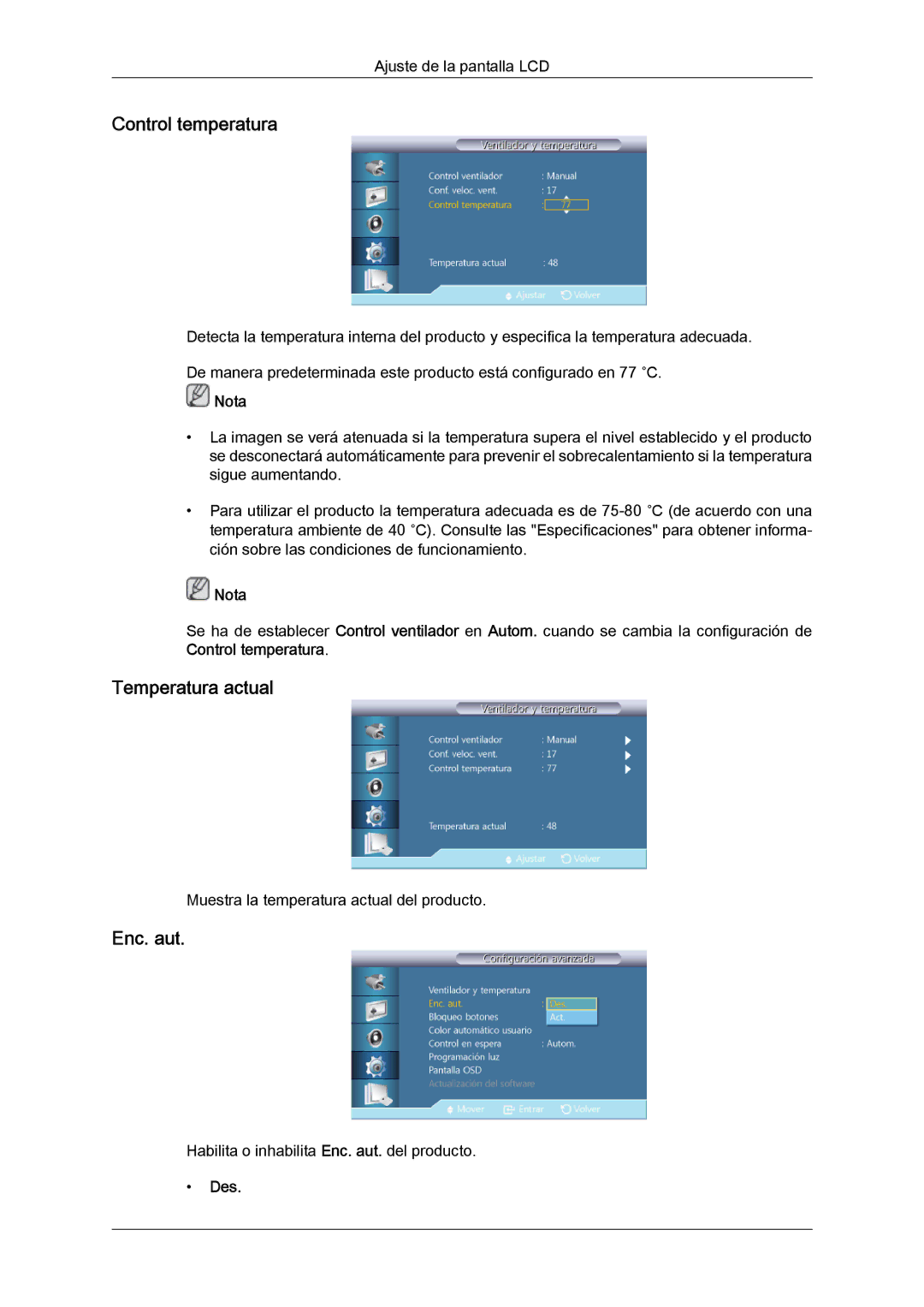 Samsung LH46HBPLBC/EN, LH40HBPLBC/EN manual Control temperatura, Temperatura actual, Enc. aut 