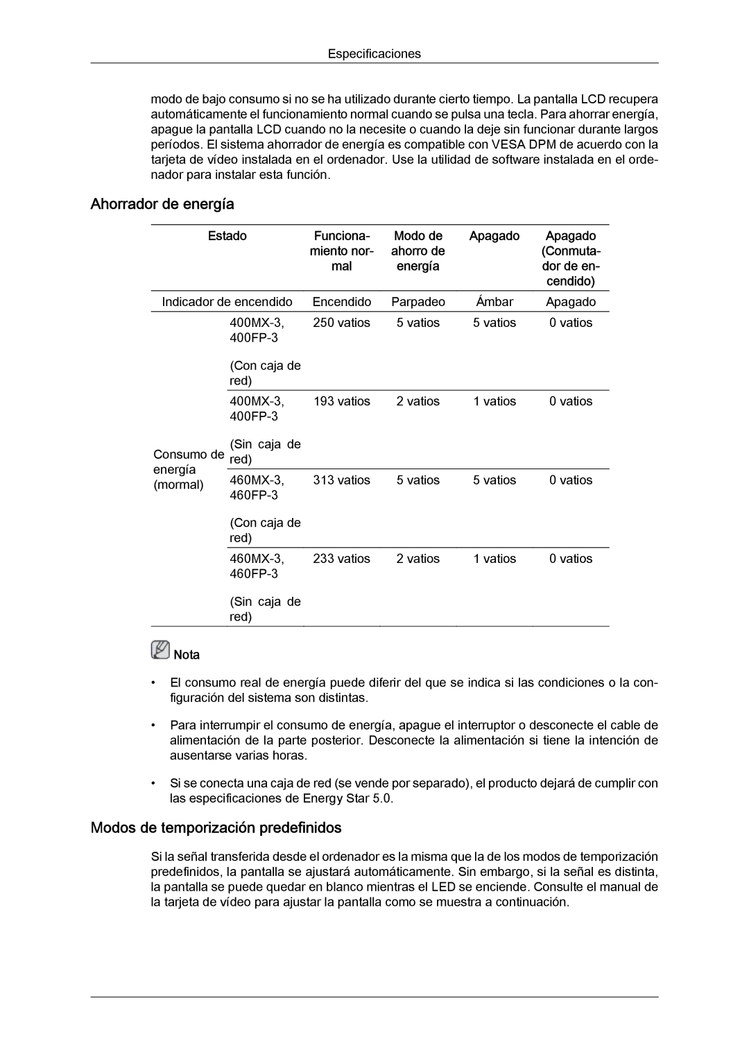 Samsung LH46HBPLBC/EN, LH40HBPLBC/EN manual Ahorrador de energía, Modos de temporización predefinidos 