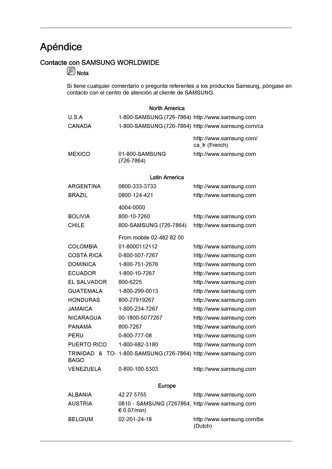 Samsung LH46HBPLBC/EN, LH40HBPLBC/EN manual Contacte con Samsung Worldwide, North America, Latin America, Europe 