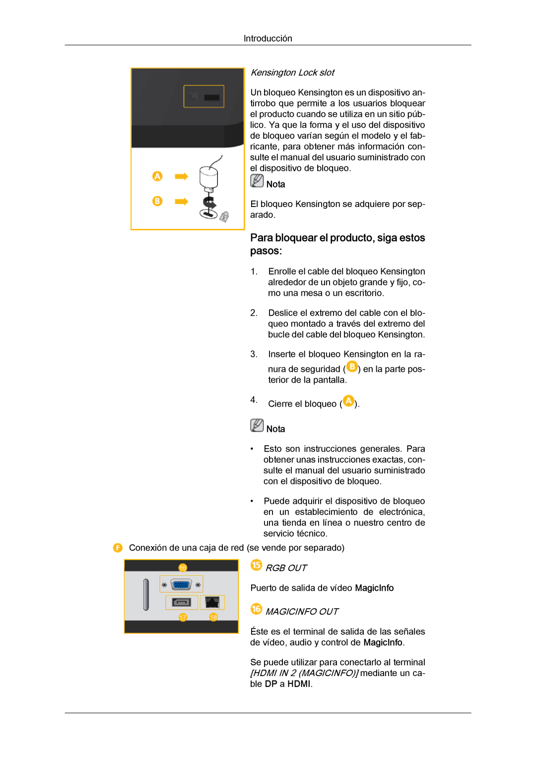 Samsung LH40HBPLBC/EN, LH46HBPLBC/EN manual Para bloquear el producto, siga estos pasos, Kensington Lock slot 