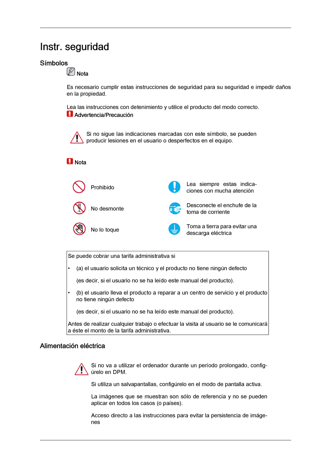 Samsung LH46HBPLBC/EN, LH40HBPLBC/EN manual Símbolos, Alimentación eléctrica, Nota, Advertencia/Precaución 