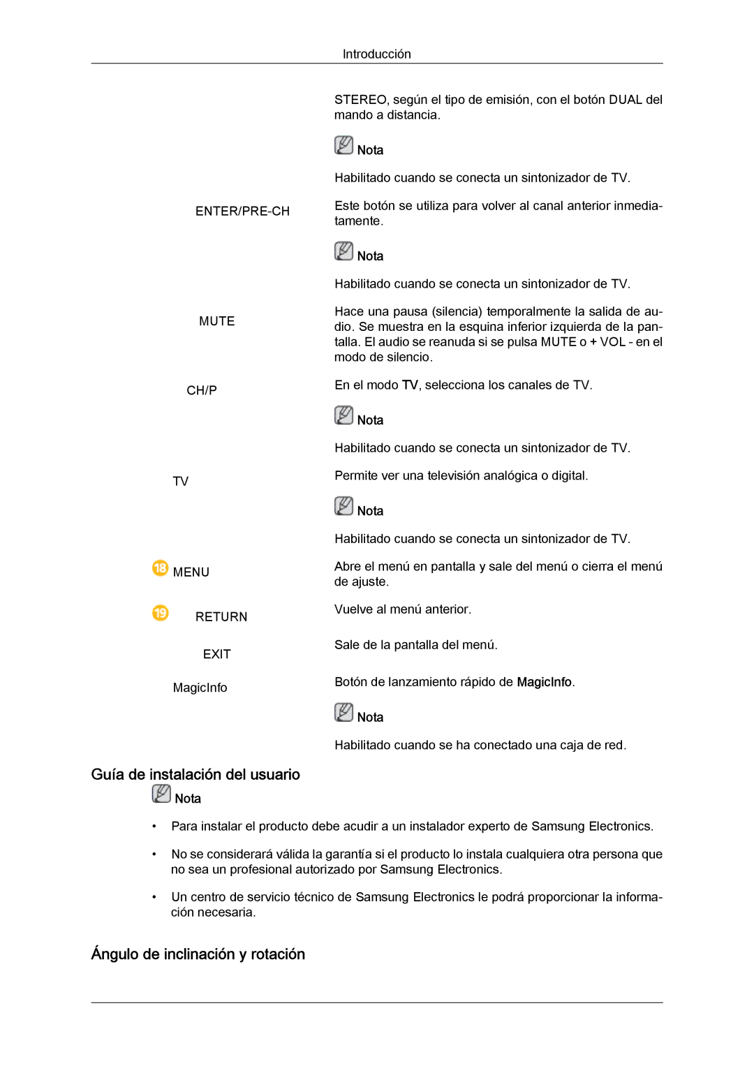 Samsung LH40HBPLBC/EN, LH46HBPLBC/EN manual Guía de instalación del usuario, Ángulo de inclinación y rotación 